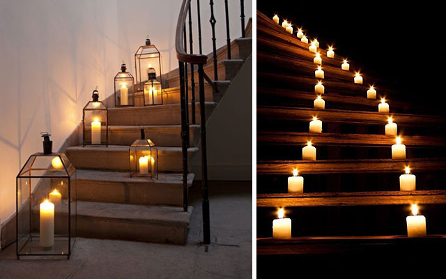 outdoor stairs enlighted with candles
