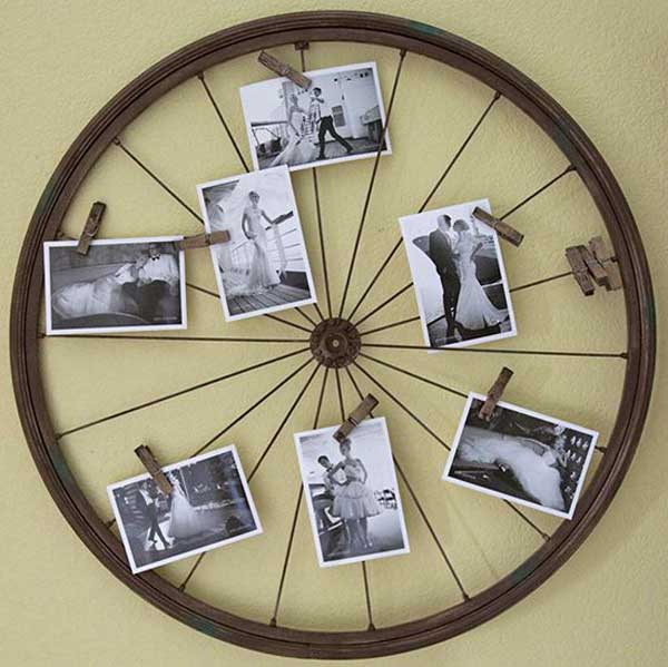 gallery wall of bicycle wheel