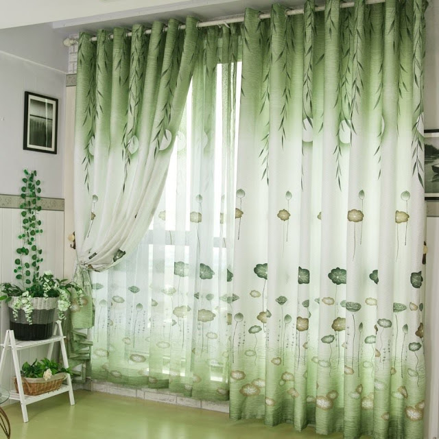 green and white curtains